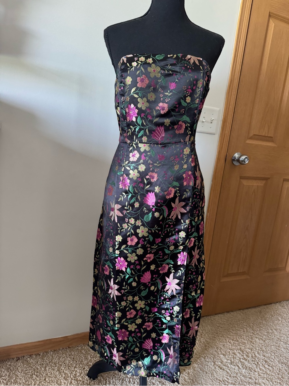 Lulu's Black Strapless Floral Midi Dress with Pink & Green Flowers